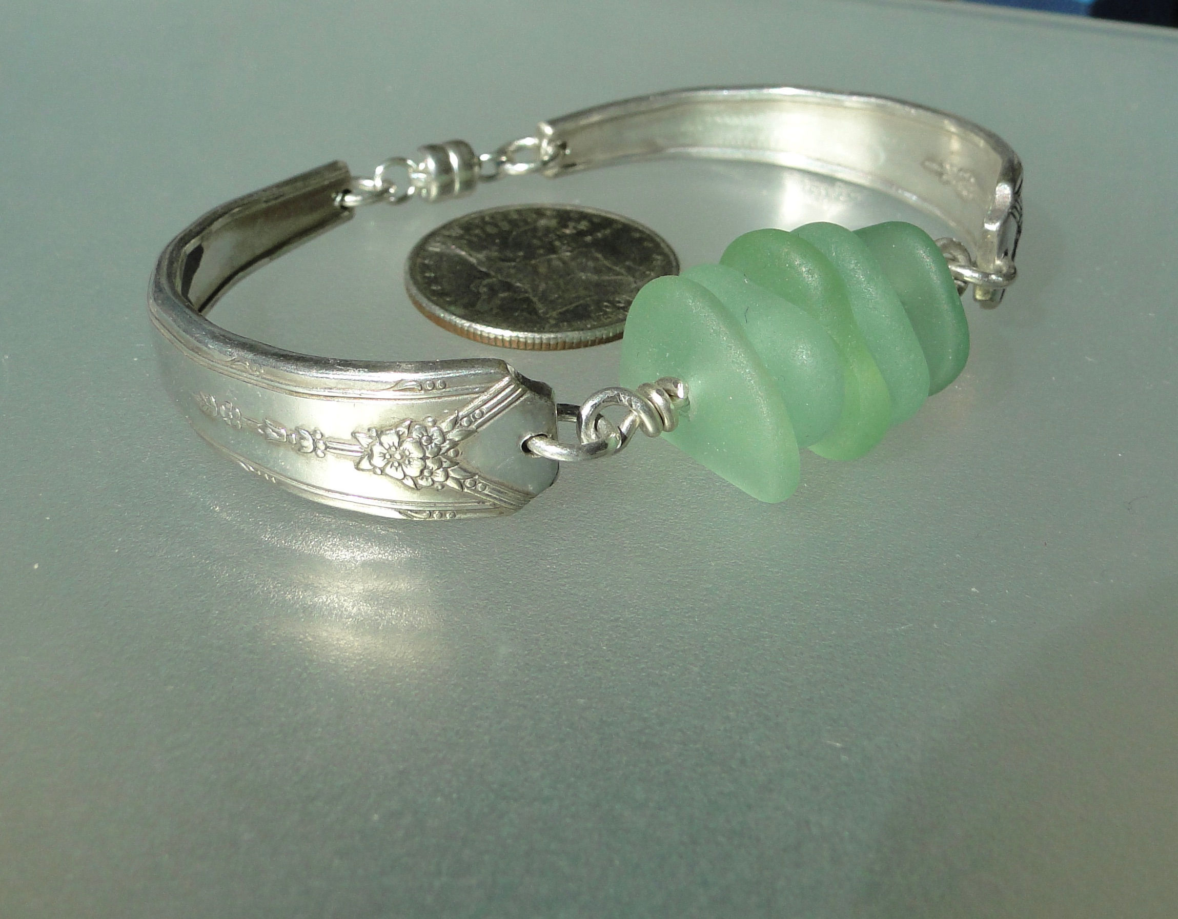 Sterling Silver Seafoam Vintage Spoon Sea Glass Bracelet