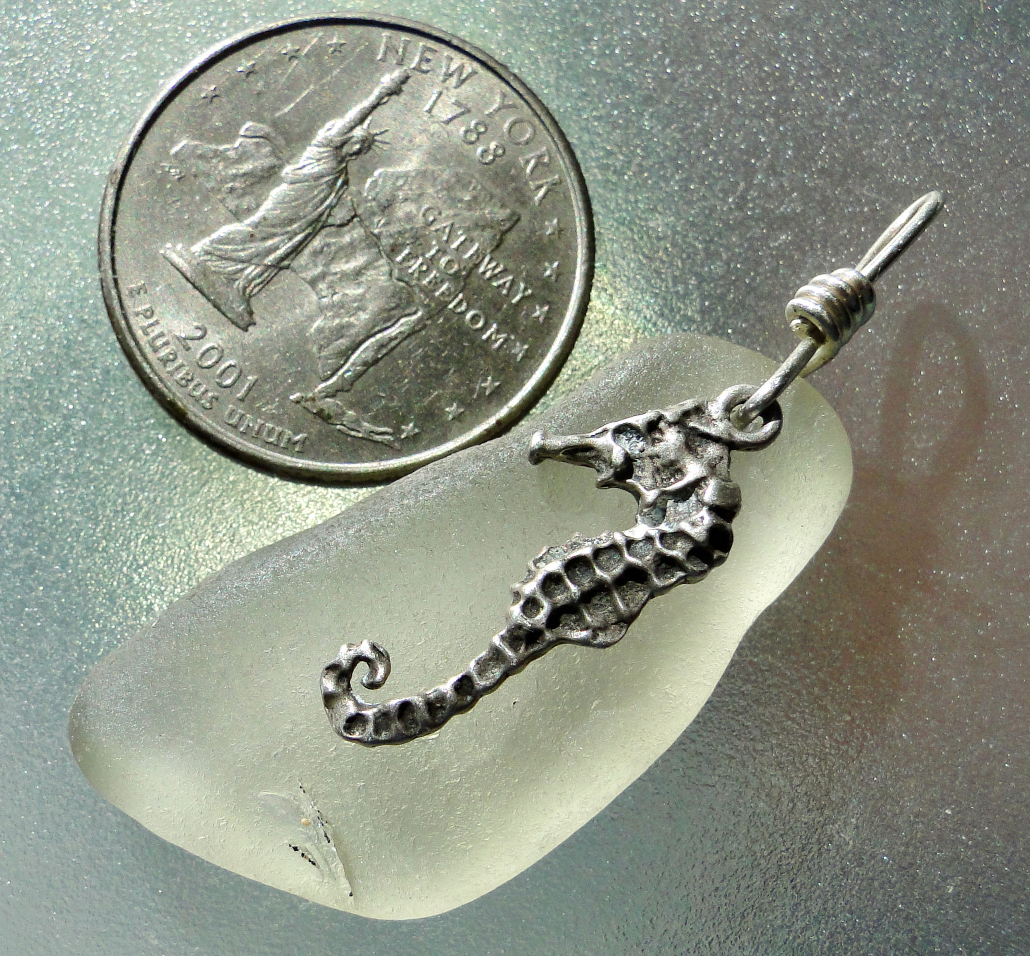 Sterling Silver Seahorse Charm White Sea Glass Pendant