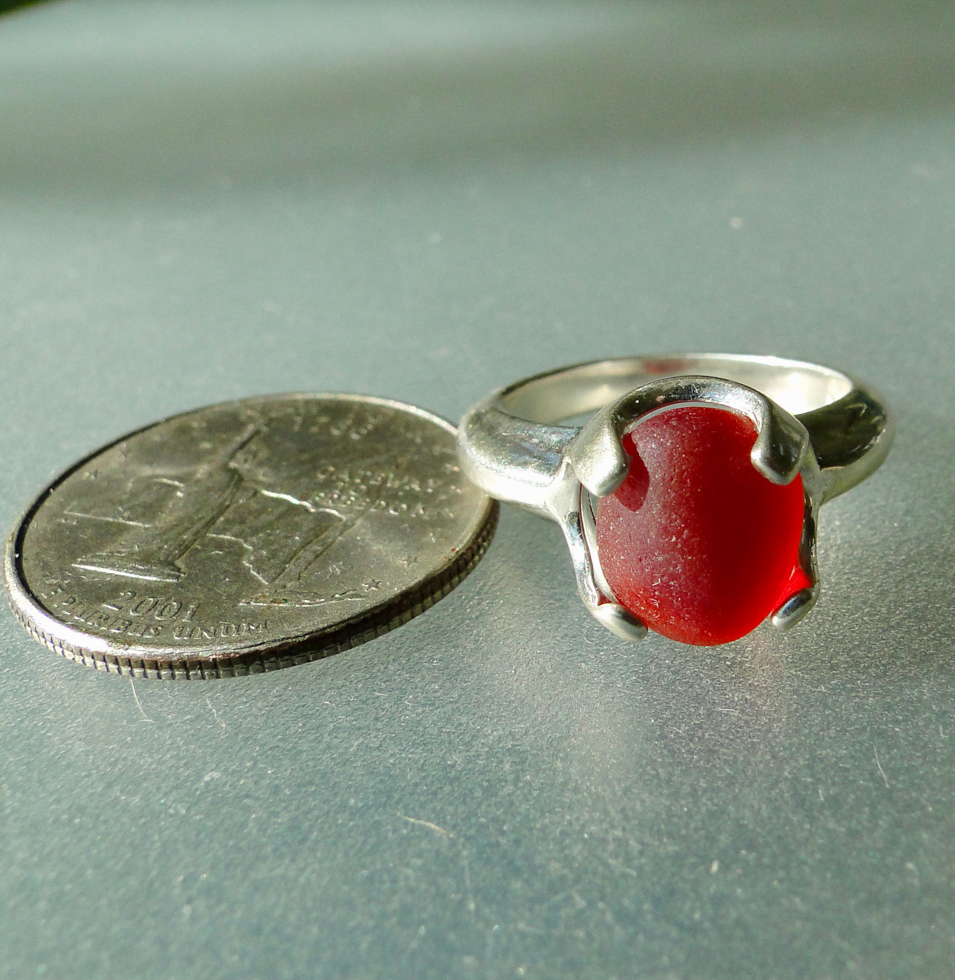 Sterling Silver Red Prong Set English Sea Glass Ring