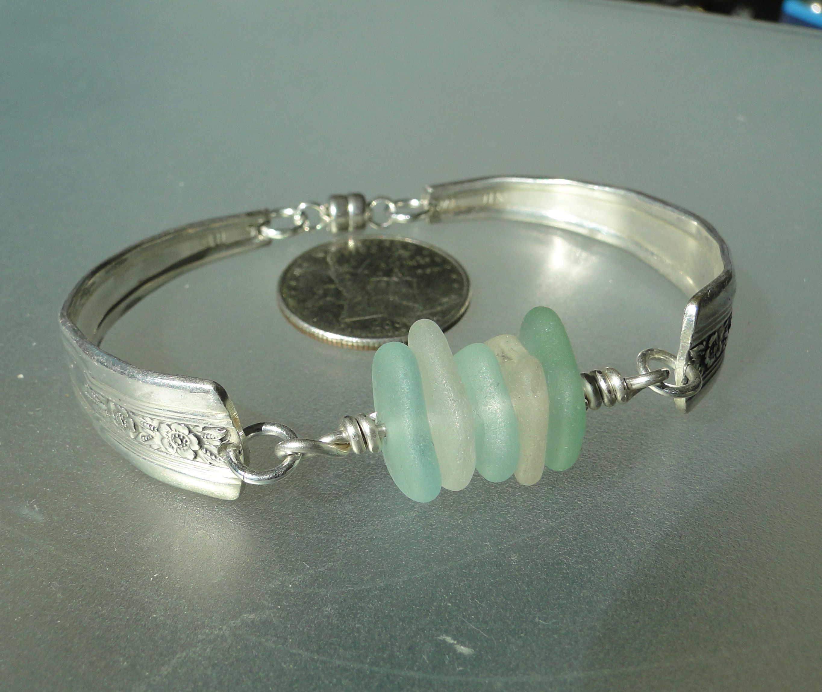 Sterling Silver White Seafoam Vintage Spoon Sea Glass Bracelet