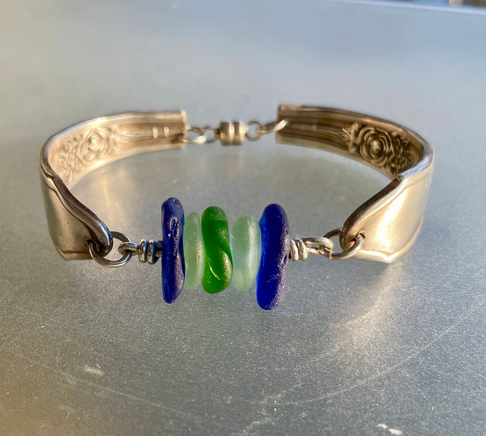 Thumbnail: Sterling Silver Seafoam Blue Vintage Spoon Sea Glass Bracelet