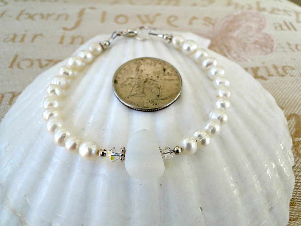 Thumbnail: Freshwater Pearl Sterling Silver Opalescent English Sea Glass Bracelet #17