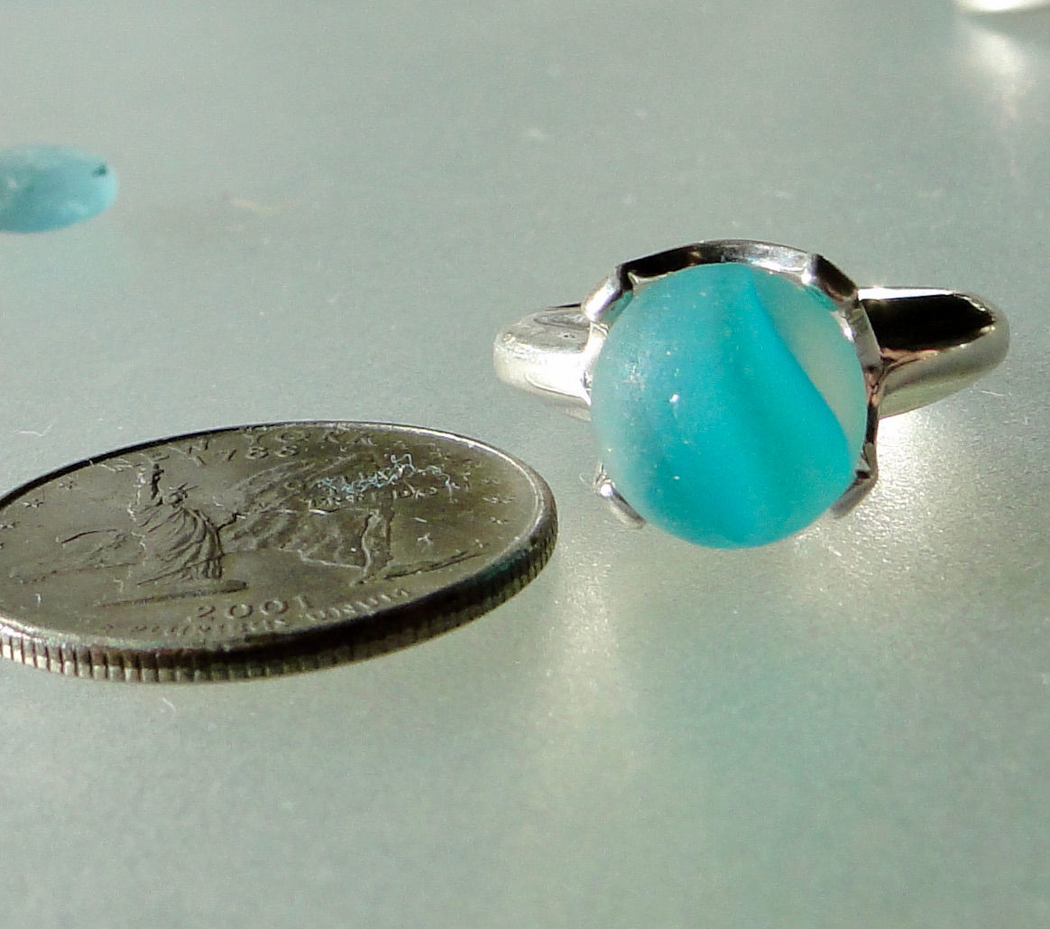 Sterling Silver Prong Set Turquoise Cat Eye Sea Glass Marble Ring