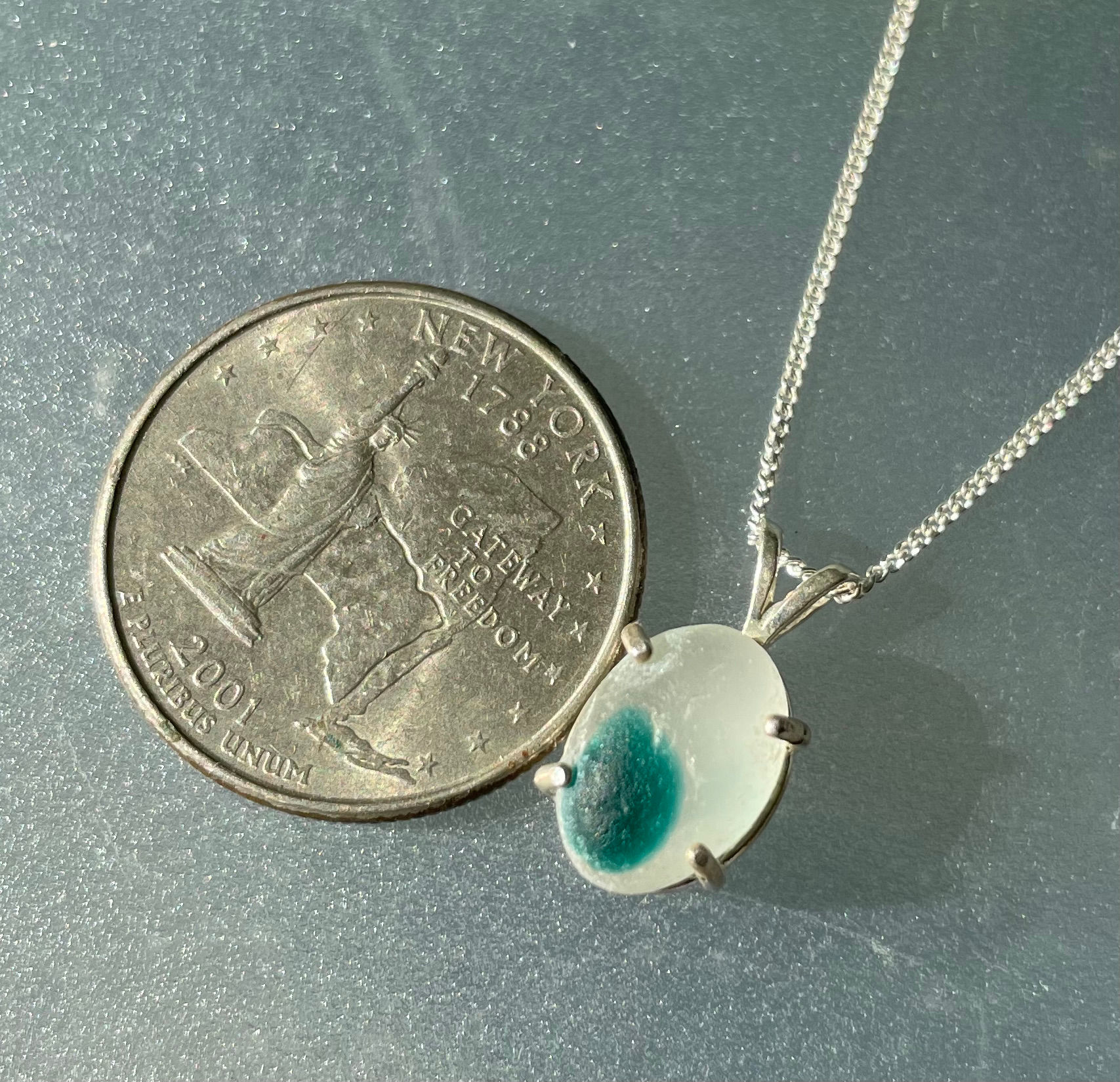 Sterling Silver Prong Set Green Sea Glass Necklace #40
