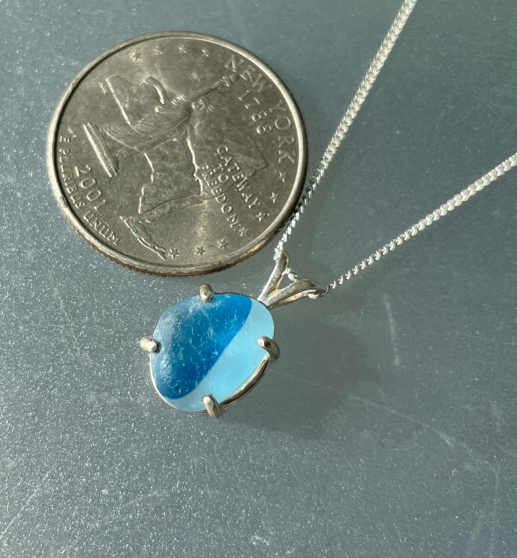 Sterling Silver Prong Set Cornflower Blue Sea Glass Necklace #46