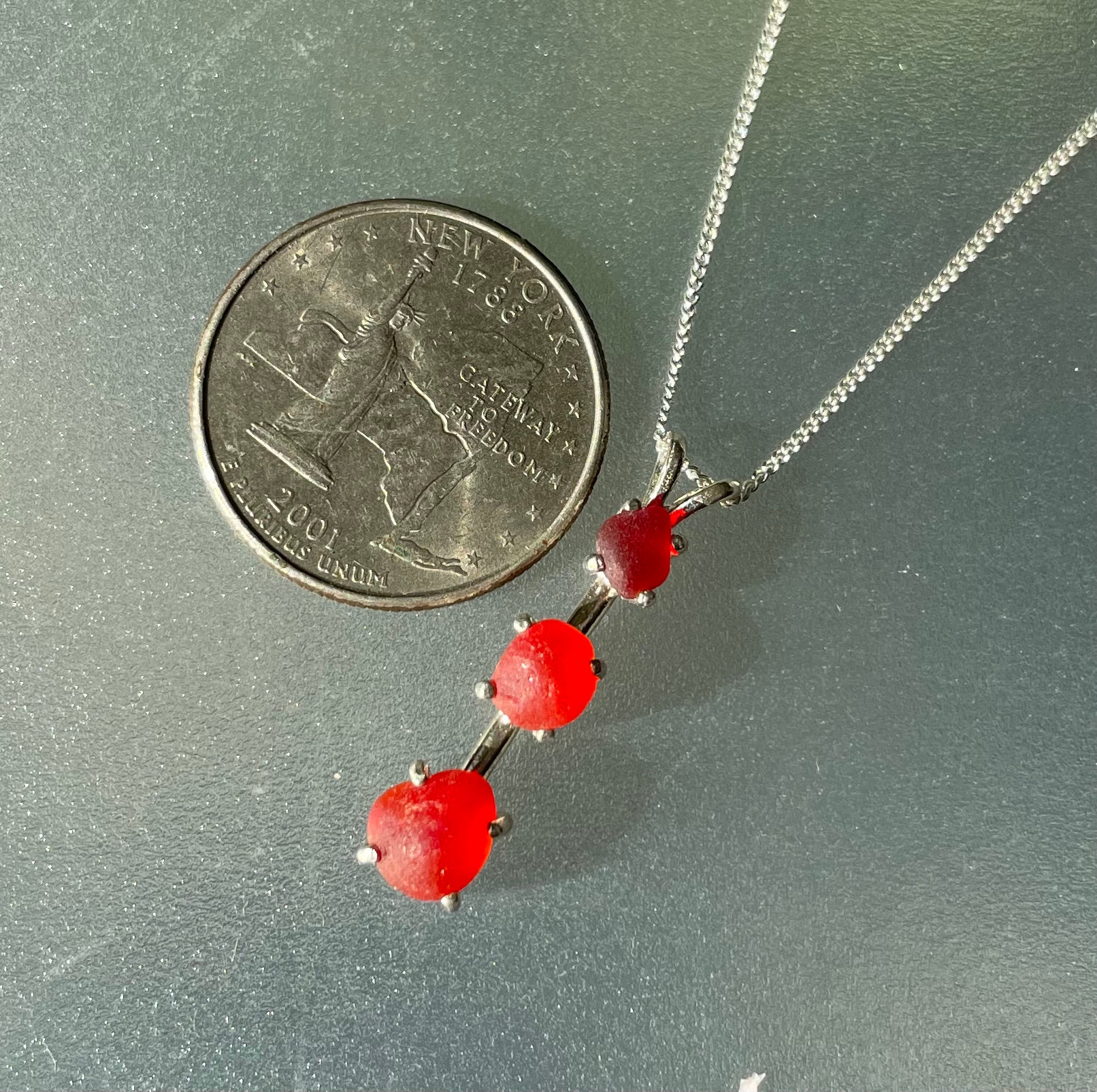 Sterling Silver Prong Set Red Sea Glass Necklace #9