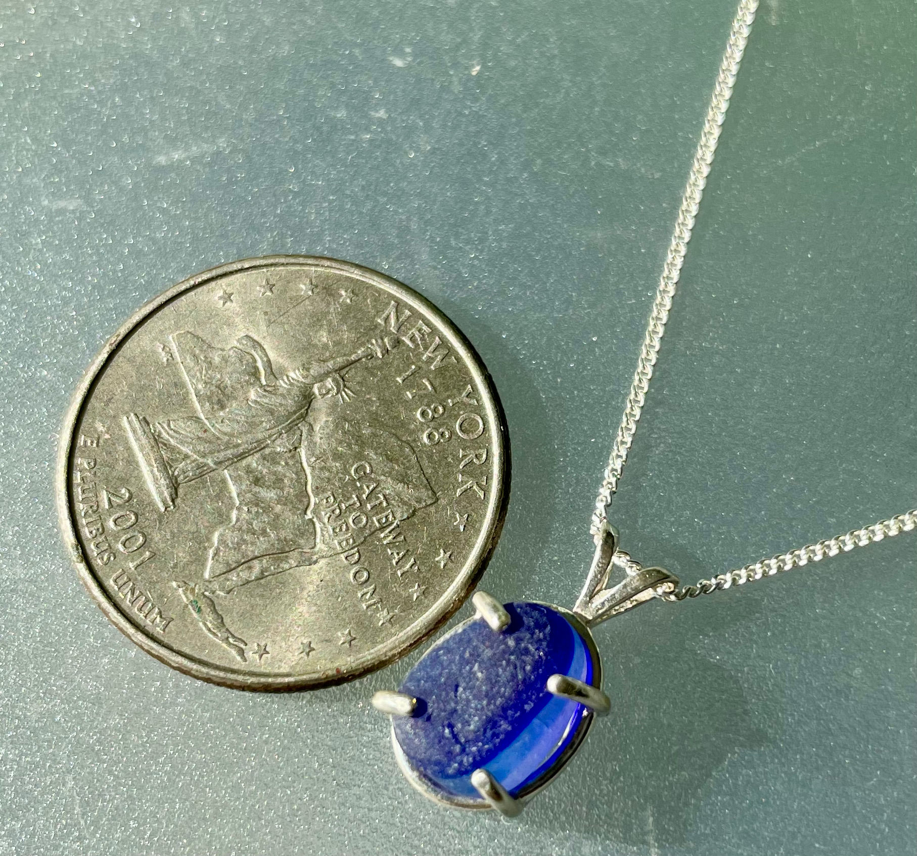 Sterling Silver Prong Set Blue Sea Glass Necklace #34