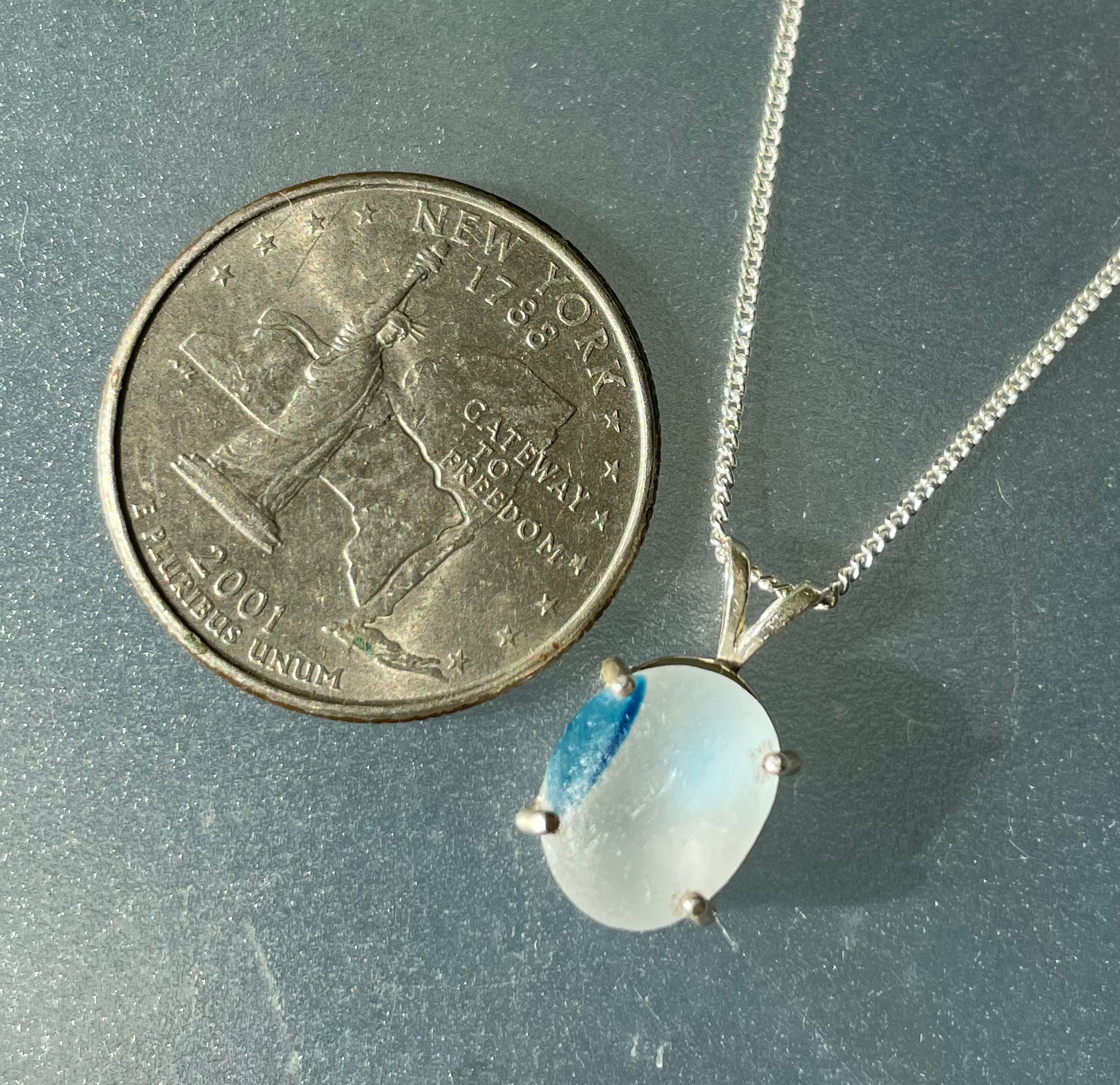 Sterling Silver Prong Set Turquoise Sea Glass Necklace #26
