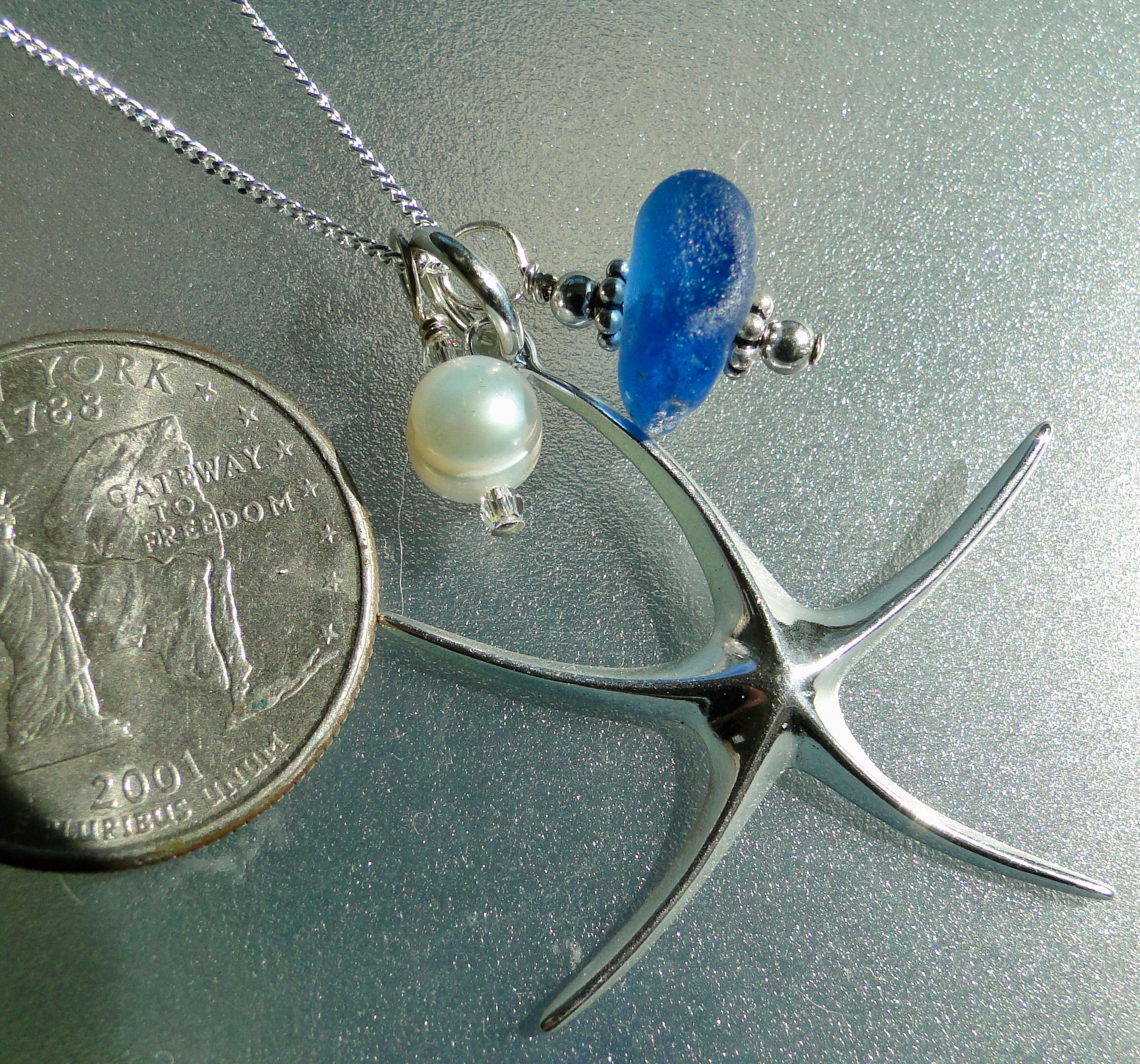 Sterling Silver Starfish Pearl Blue Sea Glass Necklace #14