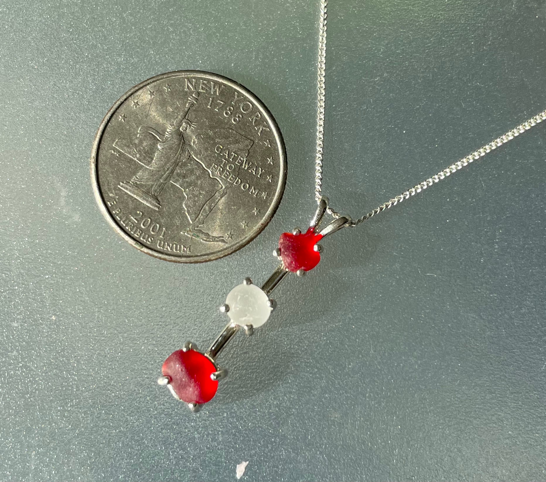 Sterling Silver Prong Set Red White Sea Glass Necklace #10