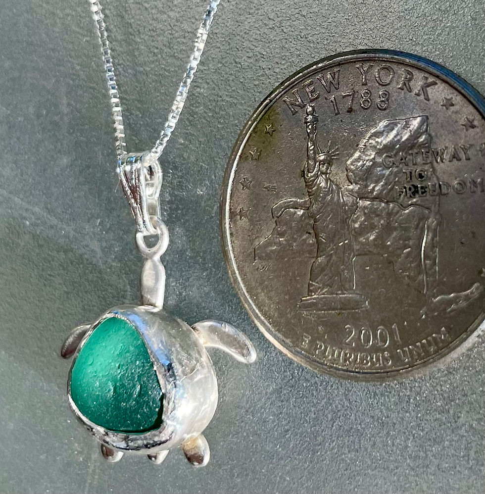 Thumbnail: Turquoise Sea Turtle Bezel Set English Sea Glass Necklace