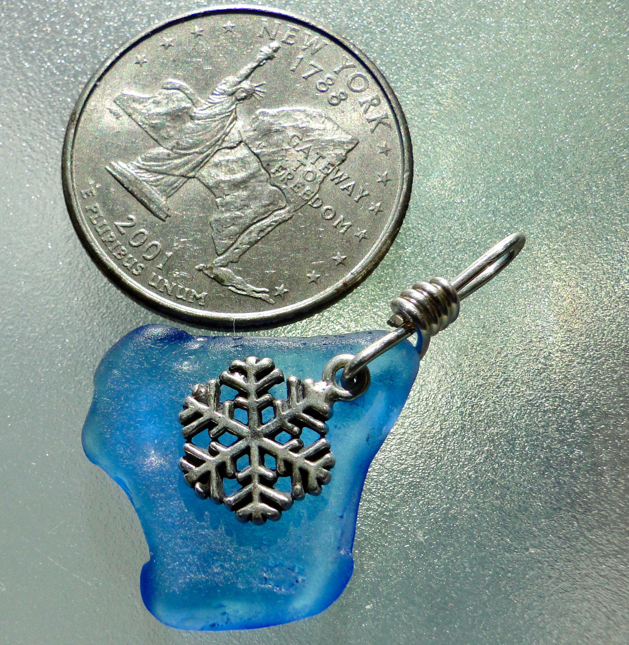 Sterling Silver Snowflake Charm Cornflower Blue Sea Glass Pendant #29