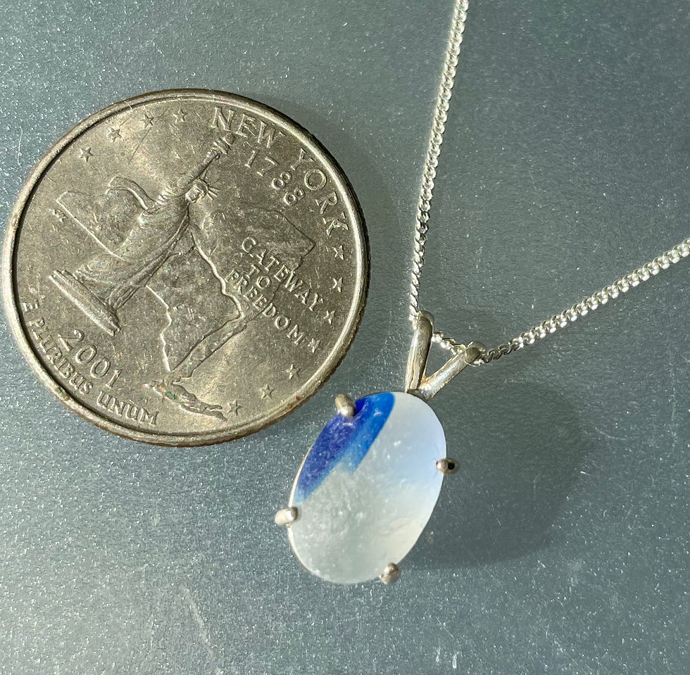 Sterling Silver Prong Set Blue Sea Glass Necklace #21