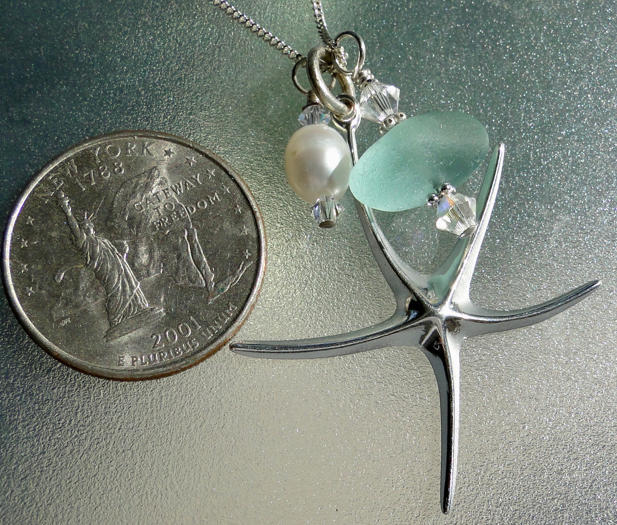 Sterling Silver Starfish Pearl Aqua Sea Glass Necklace #10