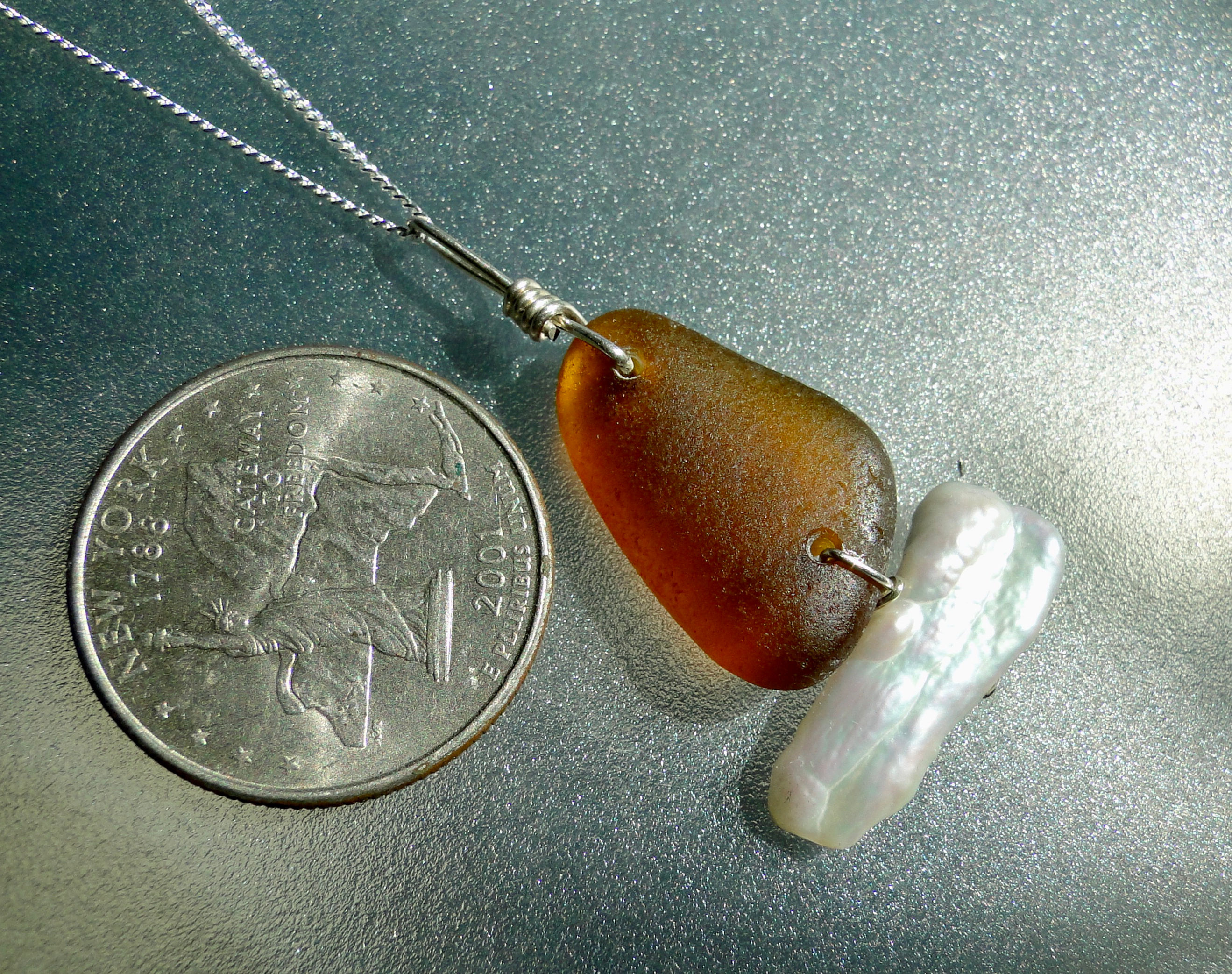 Sterling Silver Pearl Sailboat Sea Glass Necklace #1