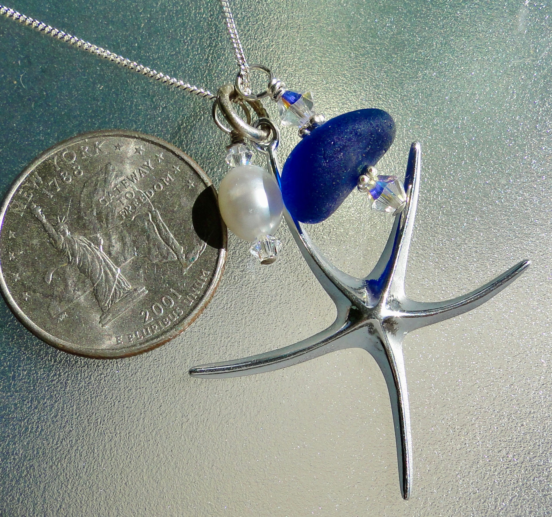 Sterling Silver Starfish Pearl Blue Sea Glass Necklace #9