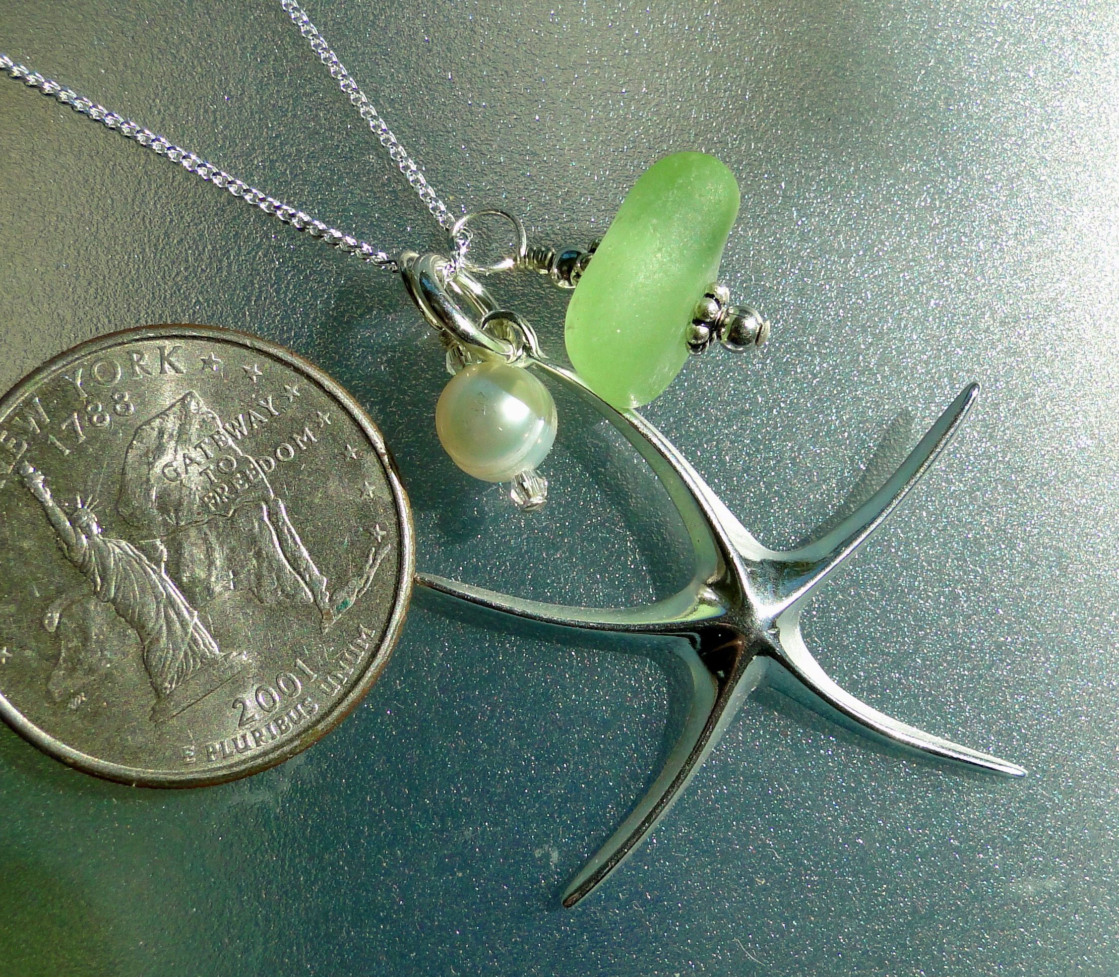 Sterling Silver Starfish Pearl UV Sea Glass Necklace #18