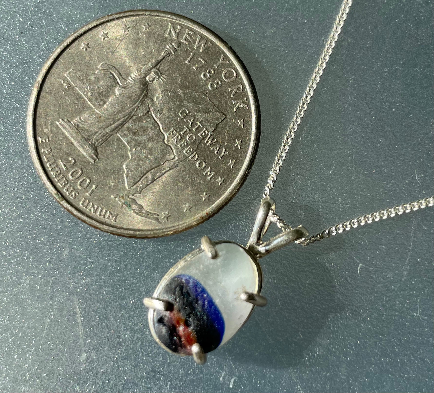 Sterling Silver Prong Set Blue Sea Glass Necklace #33