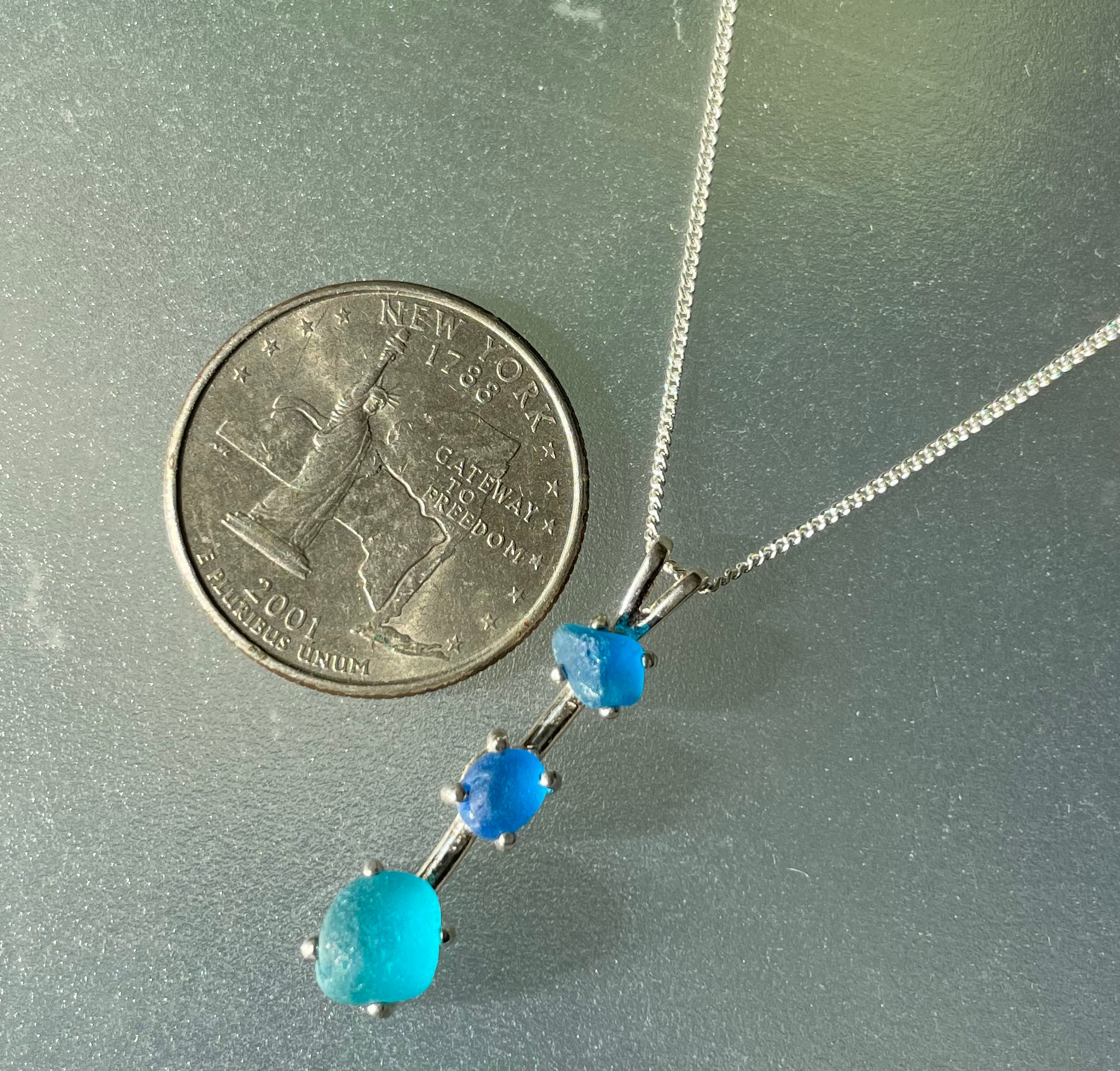 Sterling Silver Prong Set Turquoise Blue Sea Glass Necklace #13