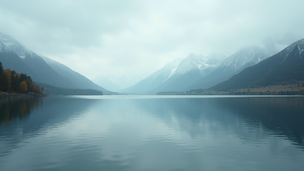 Eye-level view of a serene landscape with a calm lake and mountains