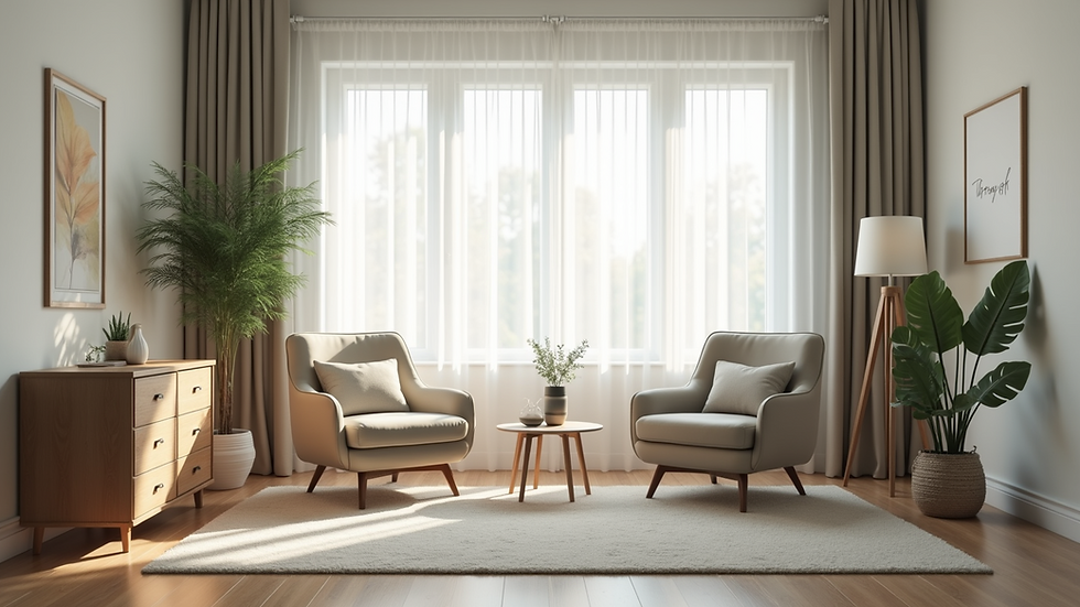 Close-up view of a serene counseling room with comfortable seating and calming decor