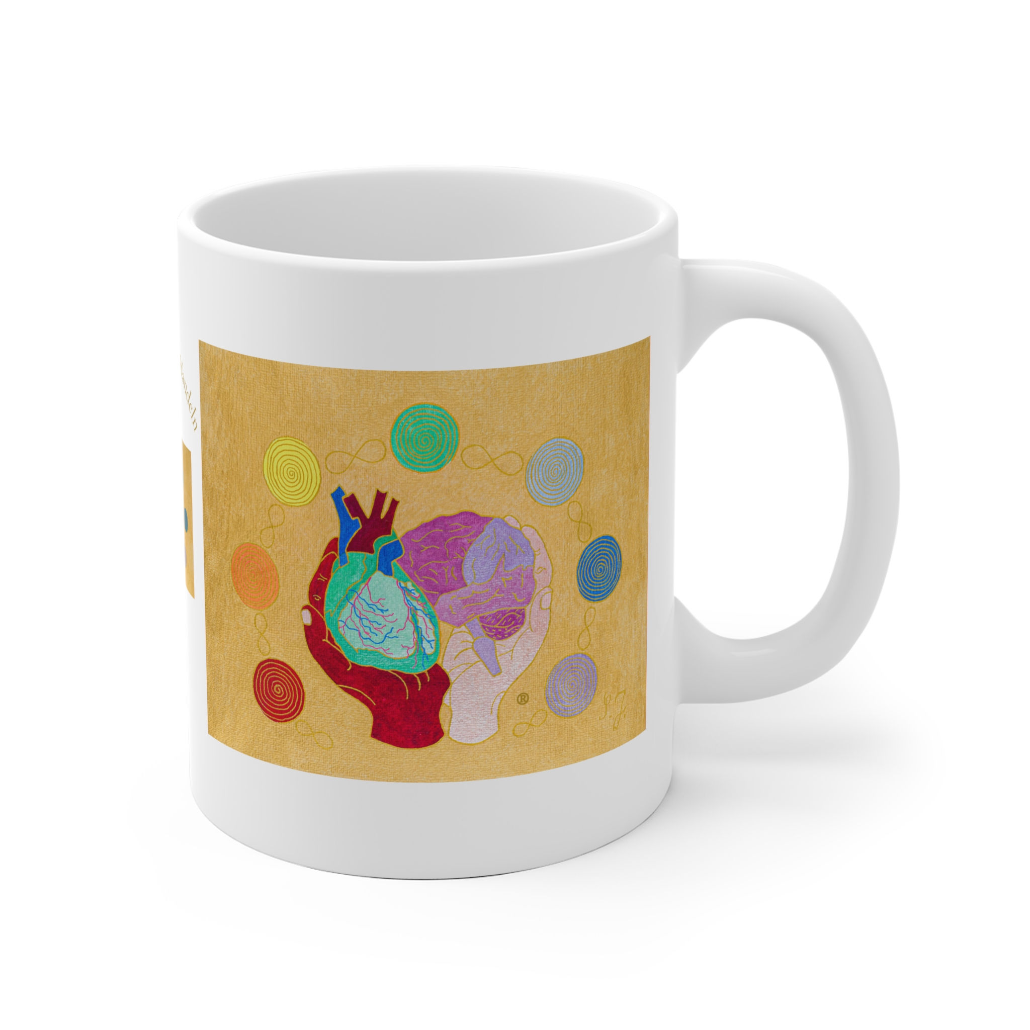 Logo gold - Herz, Gehirn, Hände - 2 - Links- und Rechtshänder Keramik Tasse