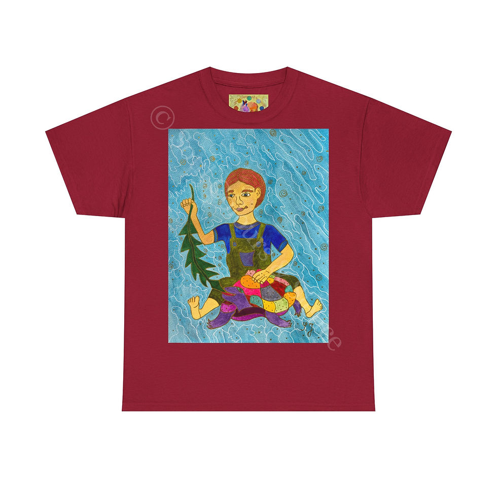 Miniaturbild: Kind mit Schildkröte - kein Ärmellogo - Unisex 100% Cotton -Druck riecht anfangs