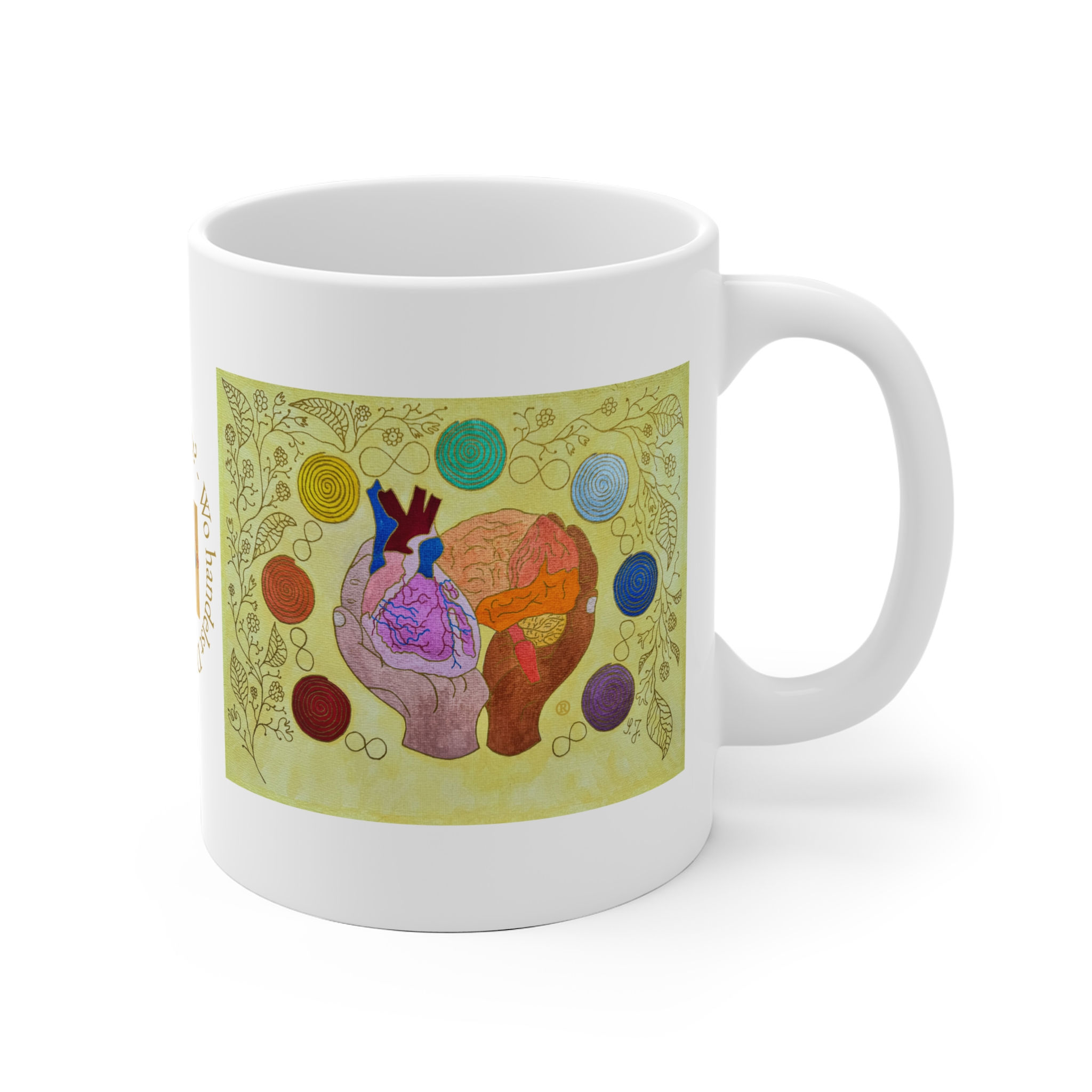 Logo gelb mit Blumen - 1 - Links- und Rechtshänder Keramik Tasse