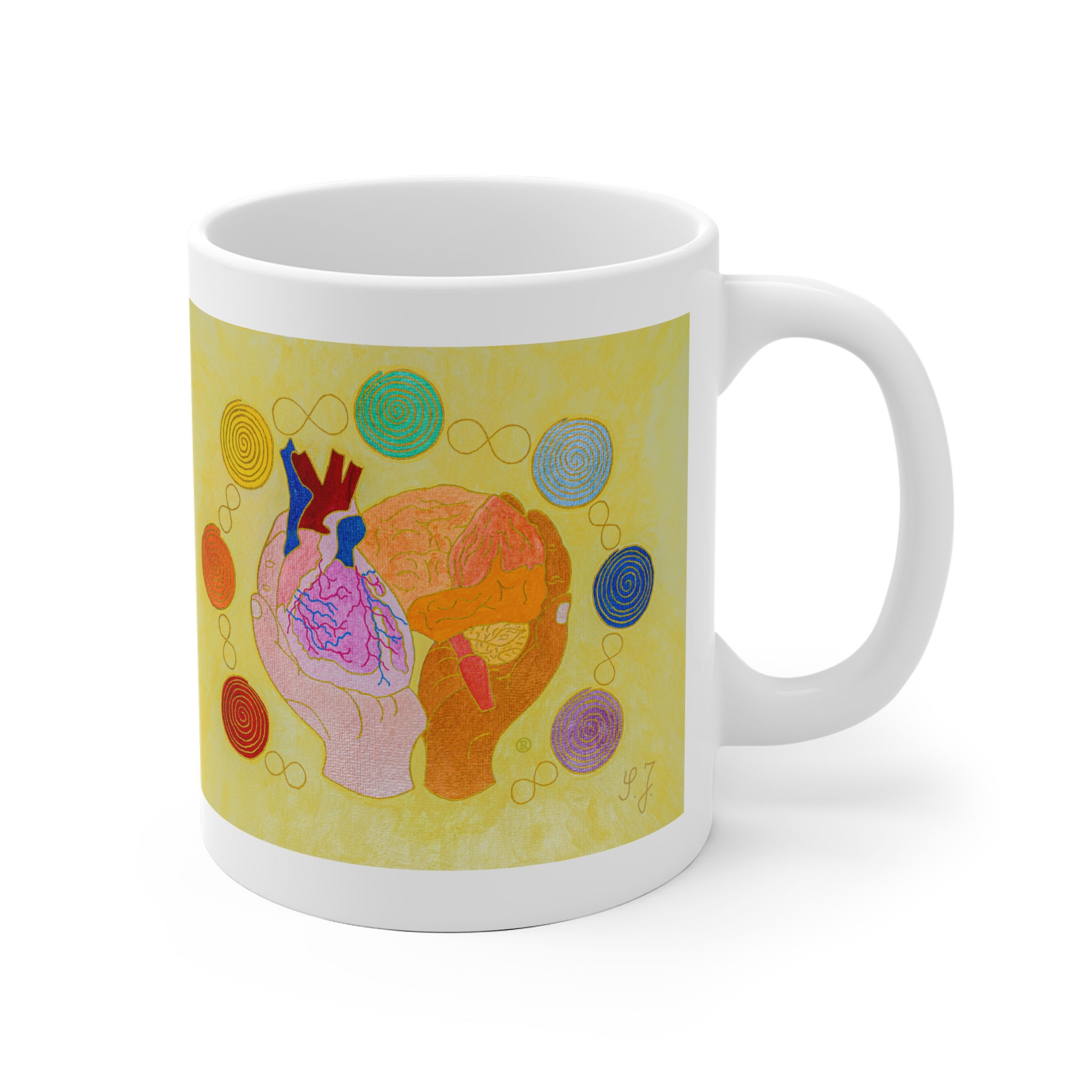Logo gelb - Herz, Gehirn, Hände - 3 - Links- und Rechtshänder Keramik Tasse