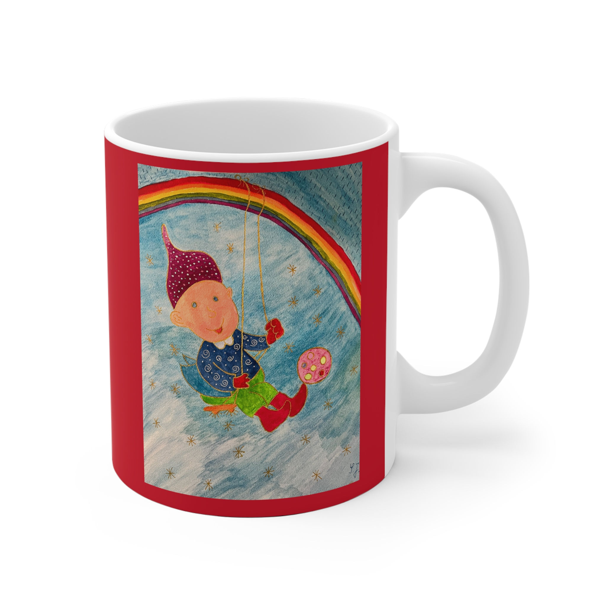 Zwerg auf Regenbogenschaukel - 3 - Links- und Rechtshänder Keramik Tasse
