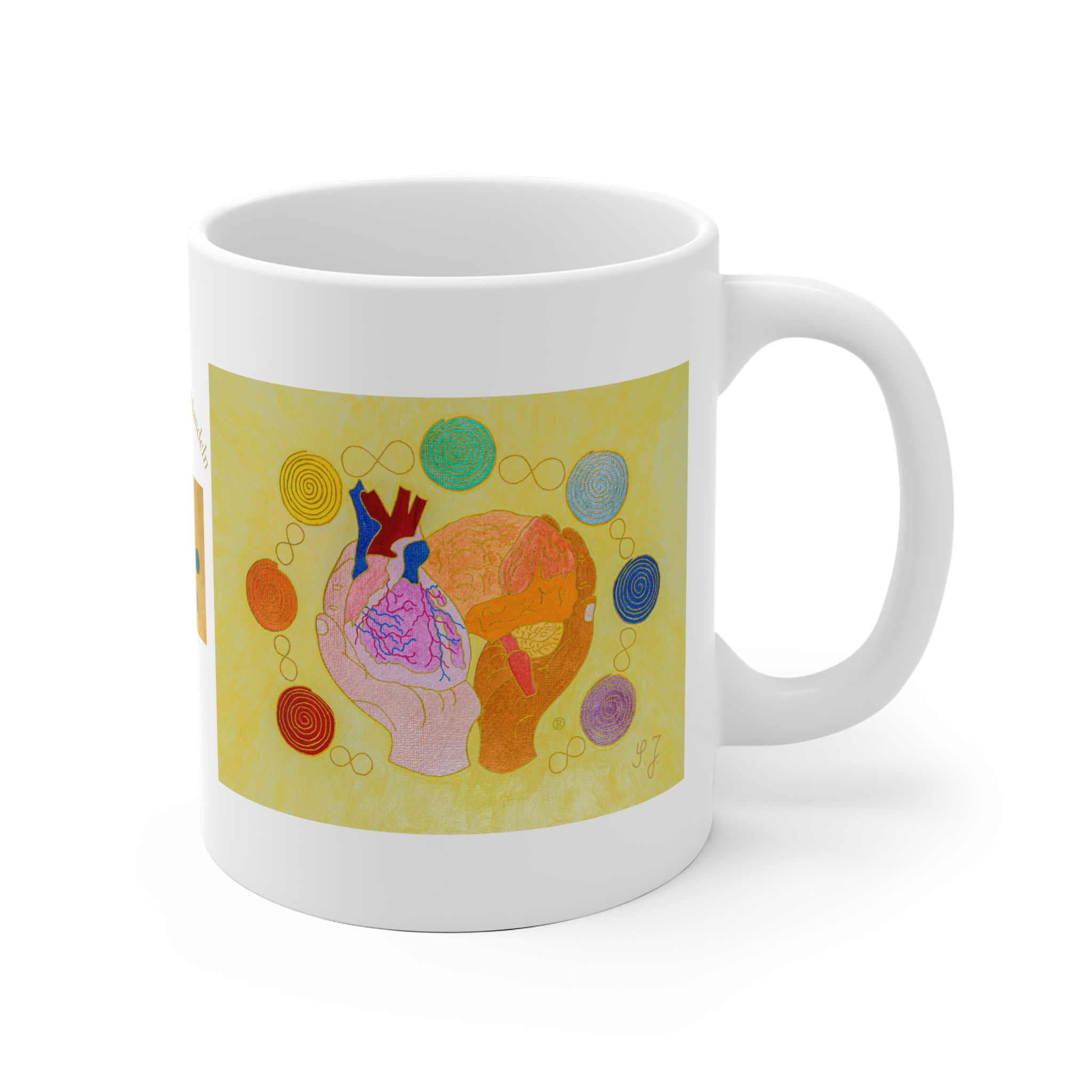 Logo gelb - Herz, Gehirn, Hände - 2 - Links- und Rechtshänder Keramik Tasse