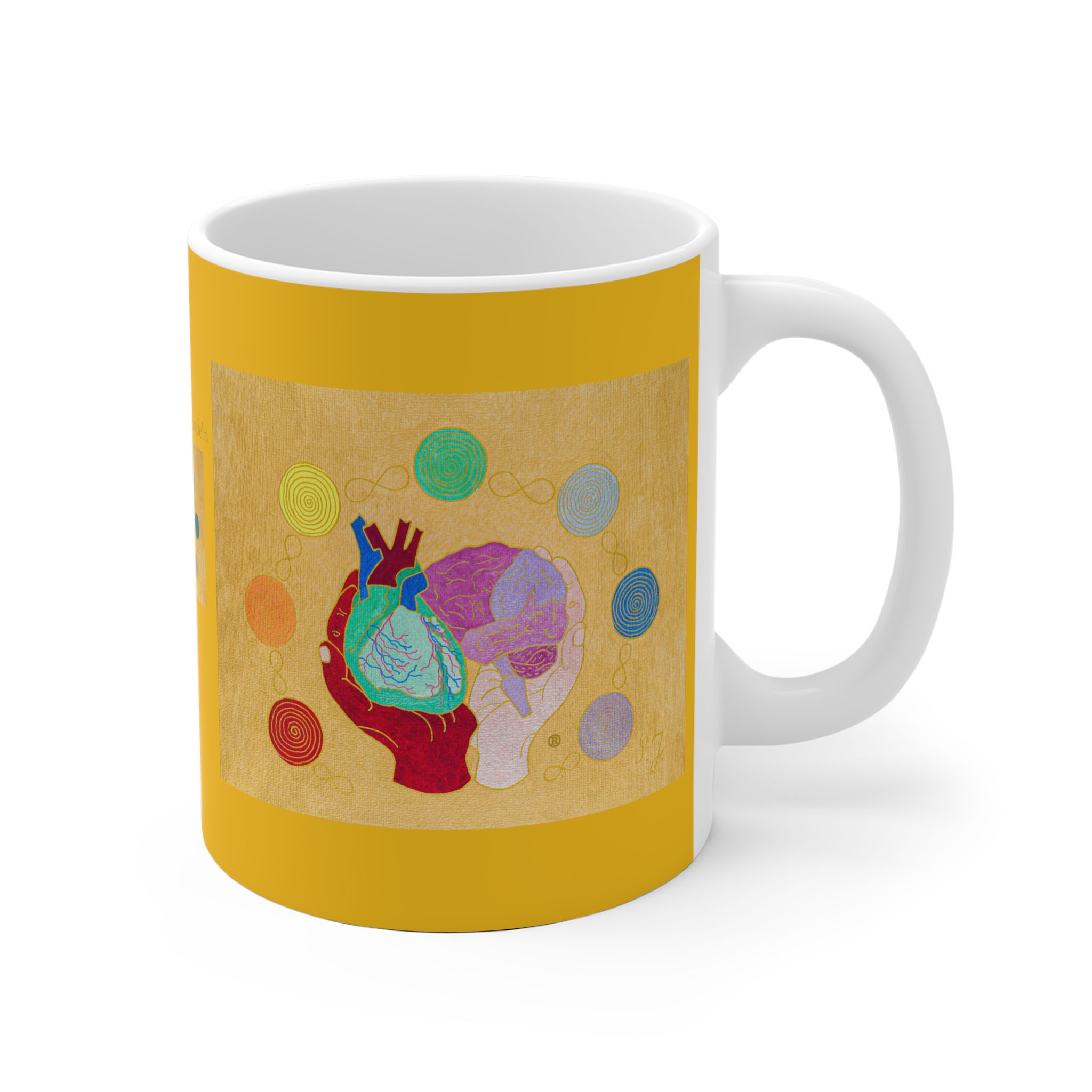Logo gold - Herz, Gehirn, Hände - 2 - Links- und Rechtshänder Keramik Tasse