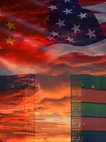 china american flags with shipping containers