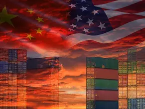 china american flags with shipping containers