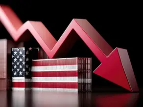 Visual representation of impact of tariffs. Downward arrow over american shipping containers.