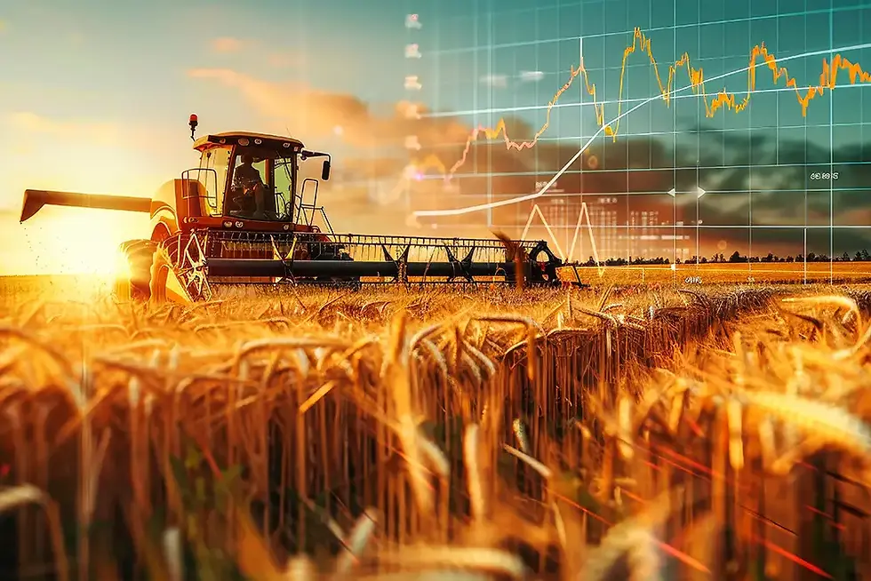 Graphic overlay of tractor in a wheat field at harvest with economic graph