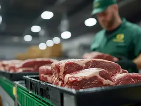 Meat factory line, worker in background.