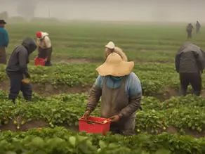 Farm workers in a strawberry field, misty or foggy sky