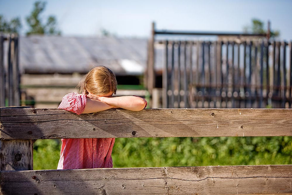 Sad farmer leaning over fence