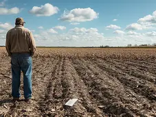 Farmer standing in barren field