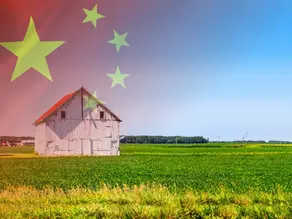 Graphic of Chinese flag imposed over american farmland
