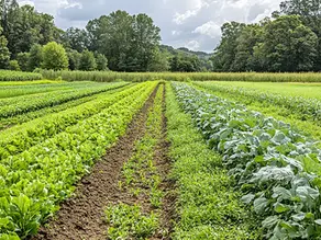 view of rows of different divers vegetable plantings