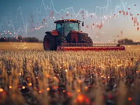 Tractor on hayfield with economic graph overlaid. 