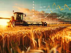 Tractor on wheat field with data graph in background