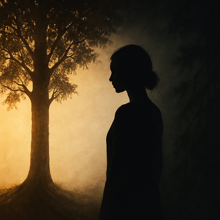 Silhouette einer Frau im warmen Abendlicht, neben einem Baum – Symbol für Schattenarbeit, innere Heilung und Selbstreflexion