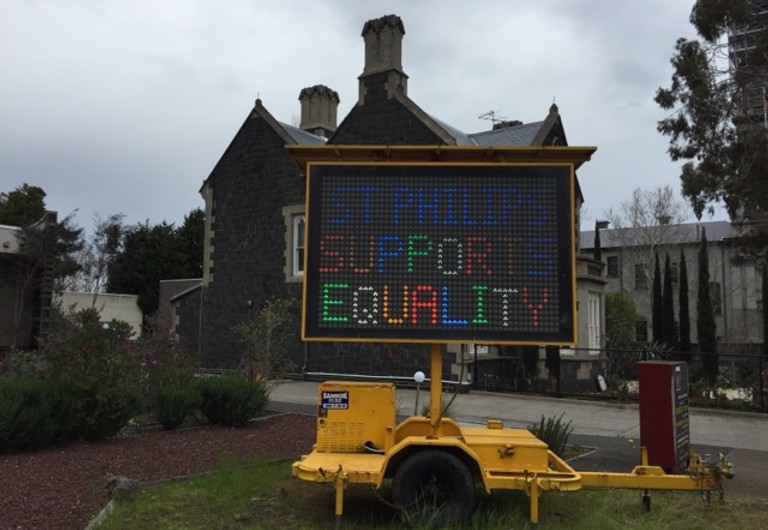 Sign outside St Philip's Collingwood supporting equality.