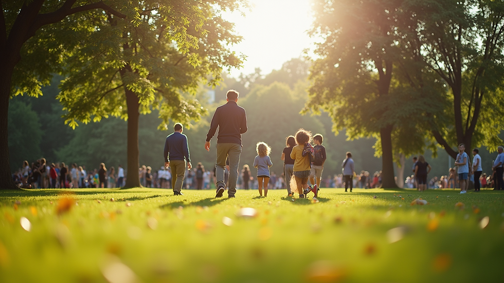 Eye-level view of a community park with people enjoying a sunny day