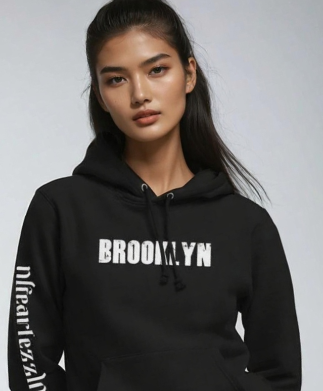 Female asian model wearing black hoodie front view