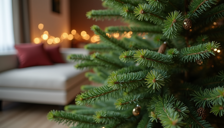 Eye-level view of a lush premium Nordmann fir Christmas tree standing in a living room corner