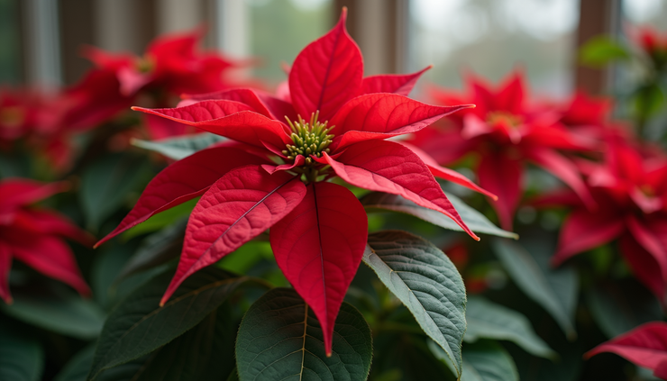 Close-up view of a vibrant red poinsettia plant with healthy green leaves